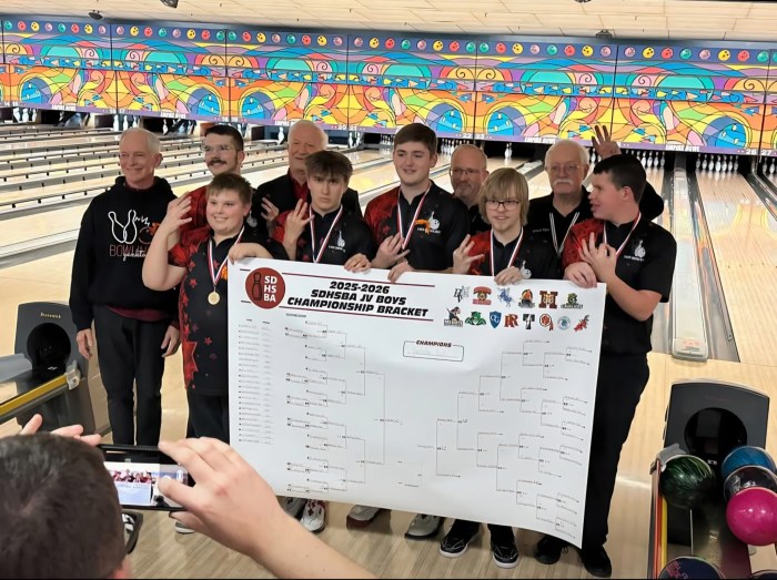 Yankton JV Boys celebrate their third consecutive state title at the 2025-26 Championship at Empire Bowl.
